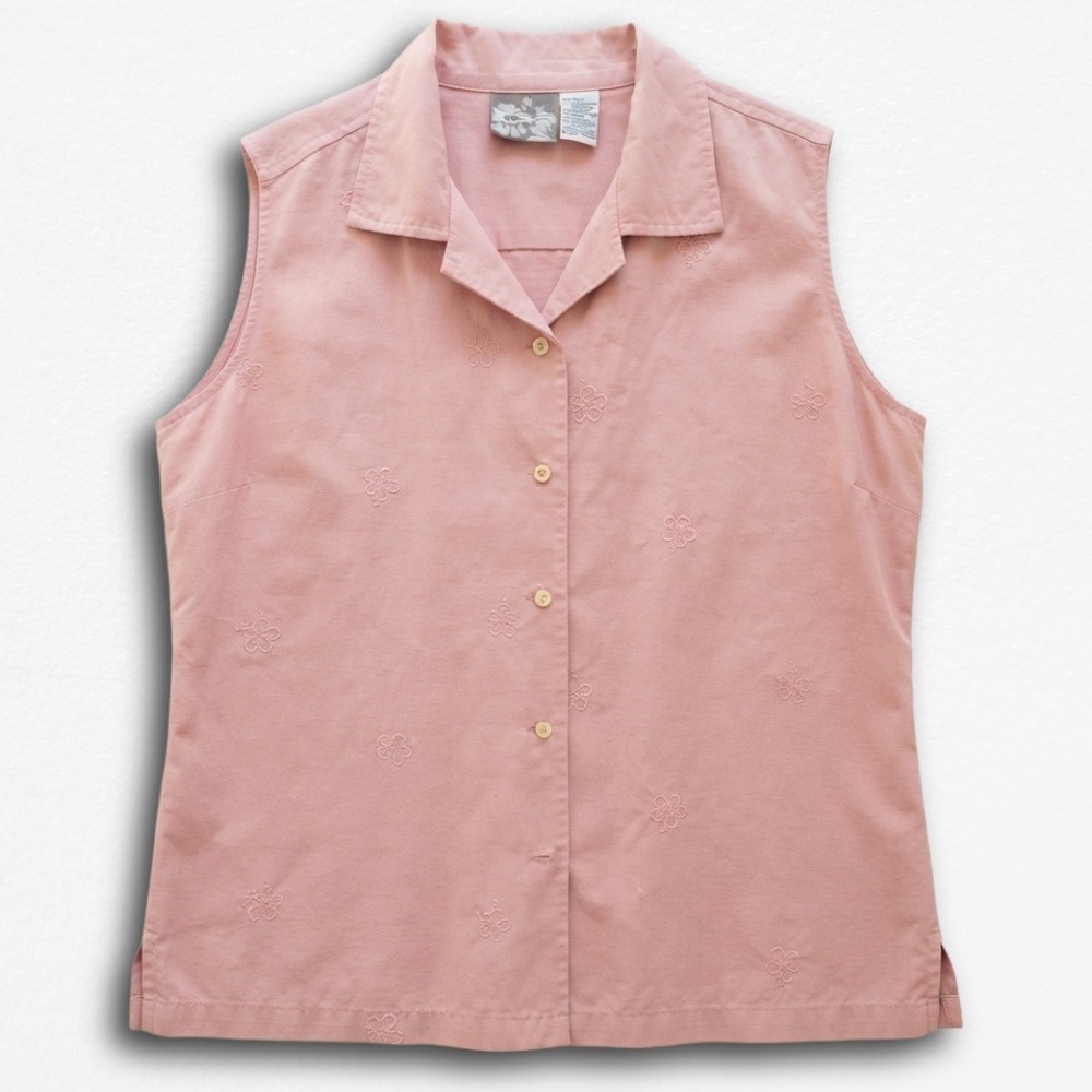 Op Vintage Y2K Pink Floral Embroidered Sleeveless Button Down Shirt Large